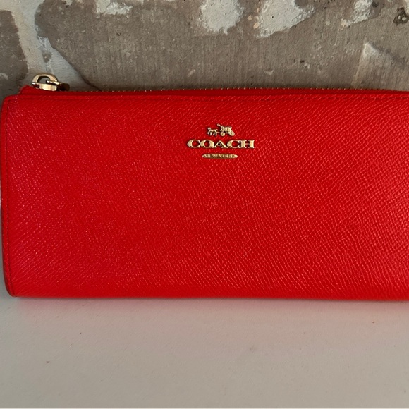 Coach Handbags - GUC - Coach Red Saffiano Zip Wallet with Gold Logo